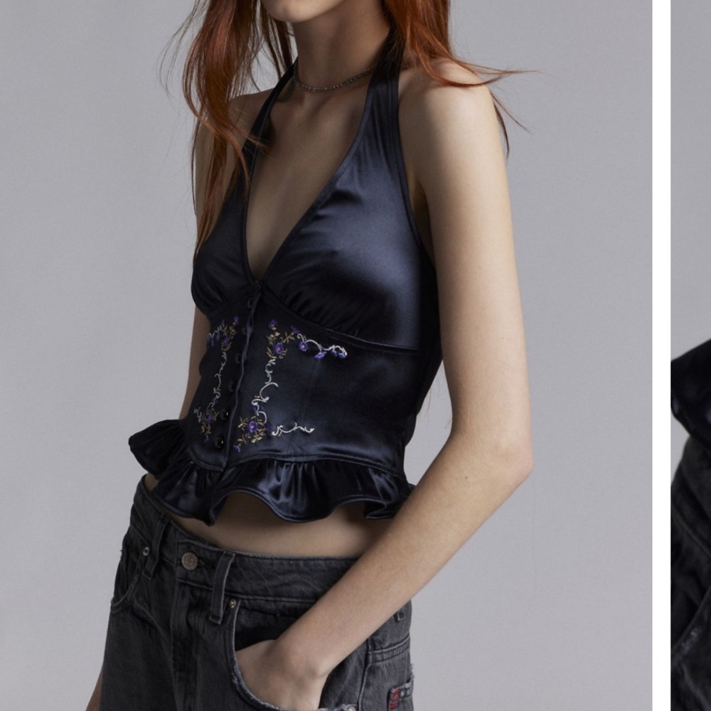 Kimchi Blue Maude Embroidered Satin Halter top